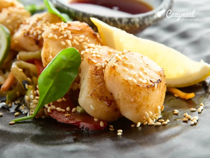 Seared Scallops - Perfectly grilled scallops with gourmet garnish